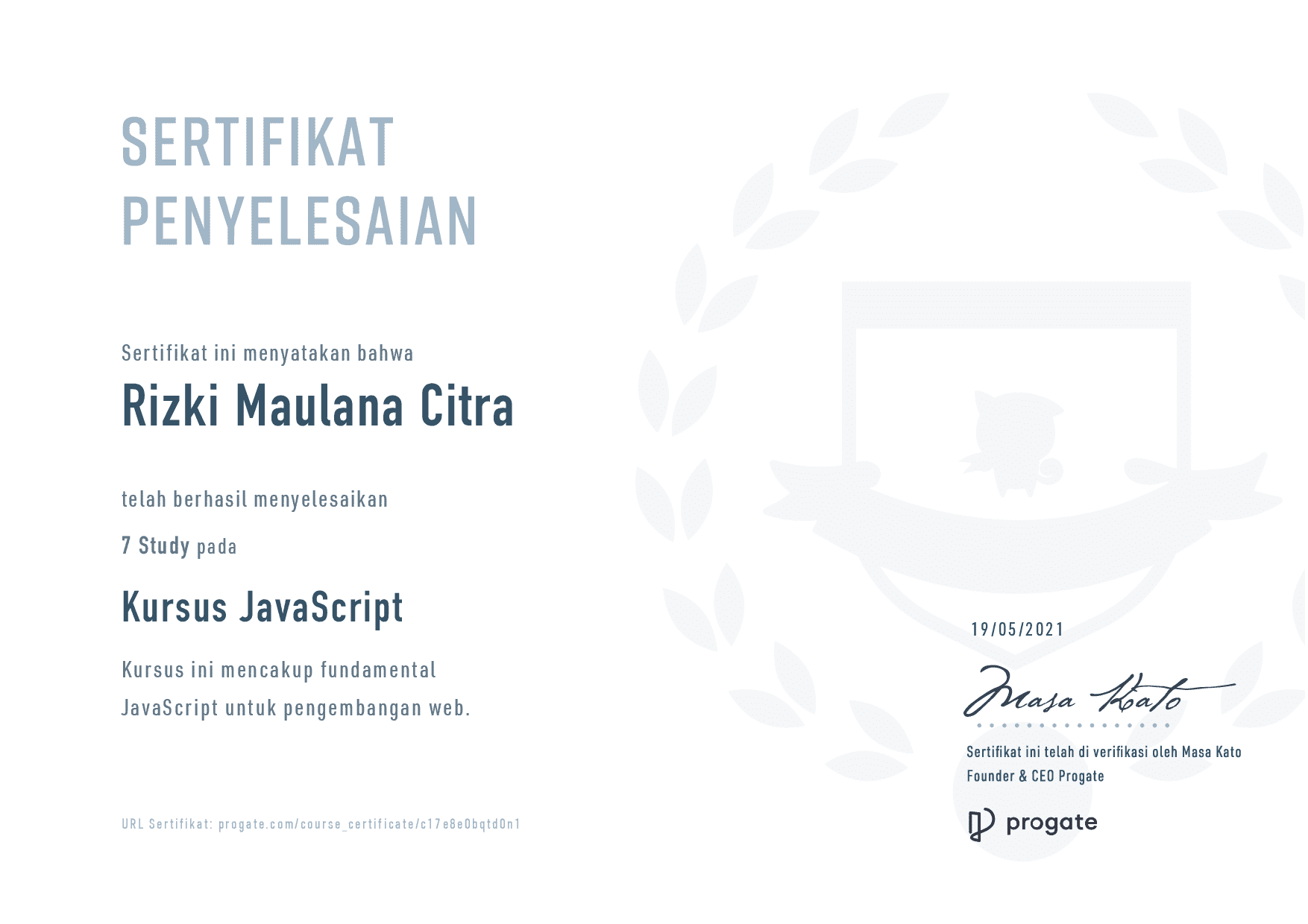 JavaScript course - Progate certificate