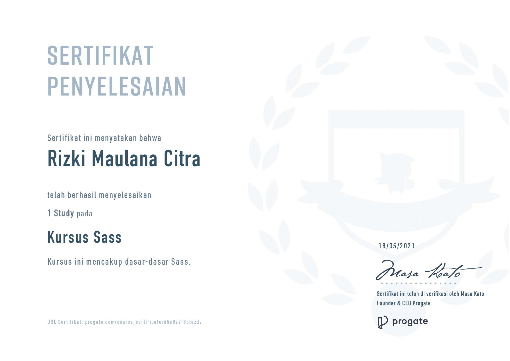 SASS course - Progate certificate